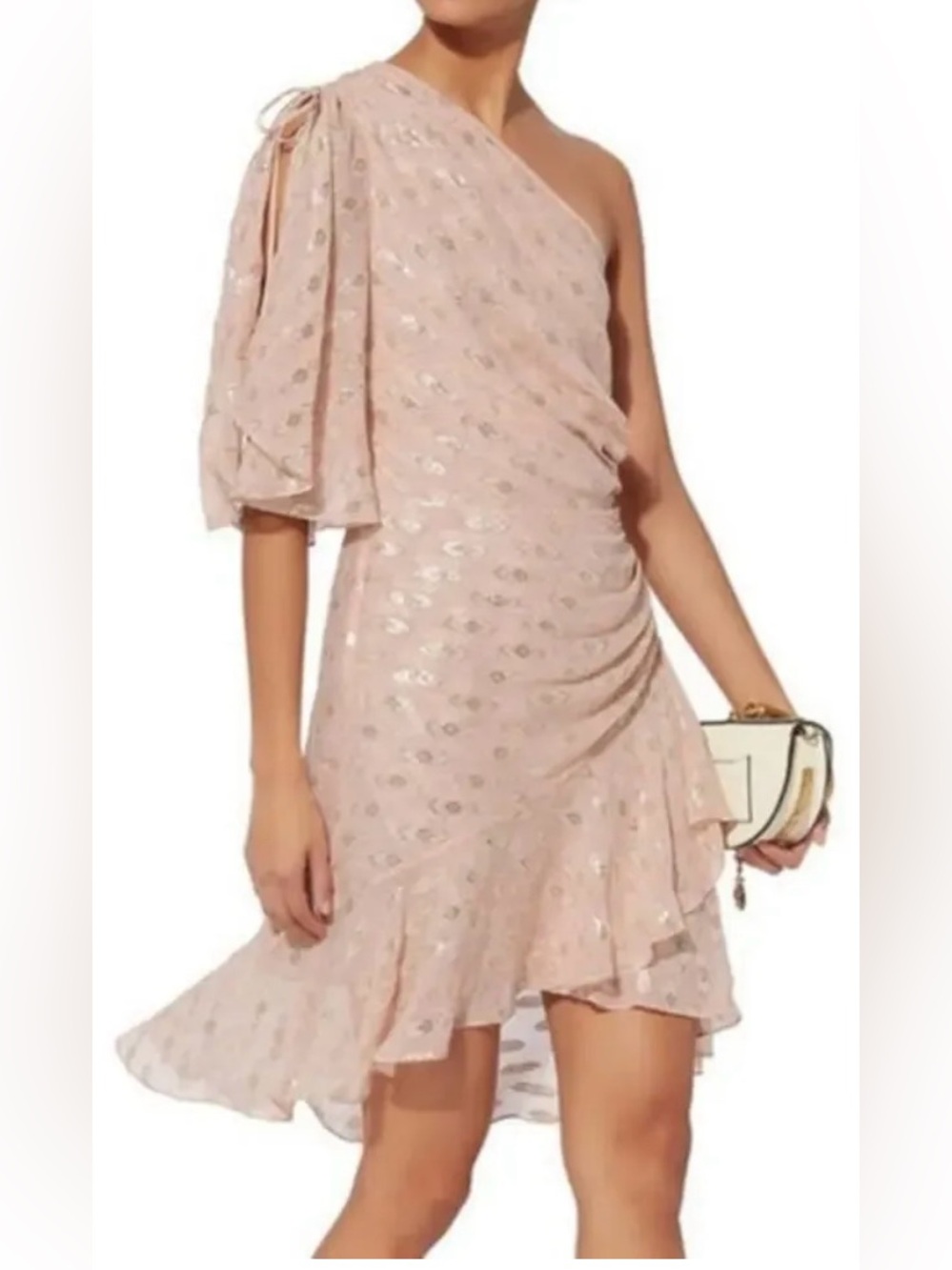 A.L.C. One-Shoulder Blush Pink Metallic Dot Ruffle Dress